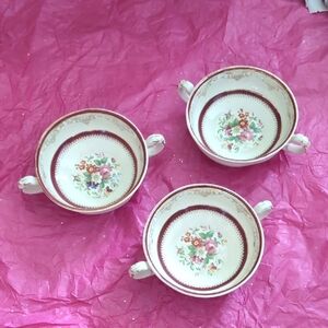 Set Of 3 Floral Porcelain Soup Bowls with Handles